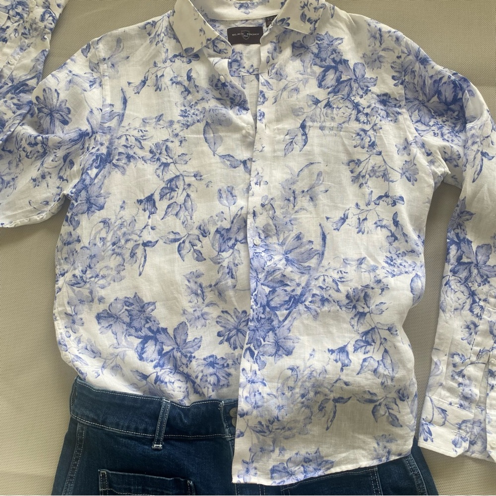 Linen Toile Floral Shirt Blue White M Coastal Summer